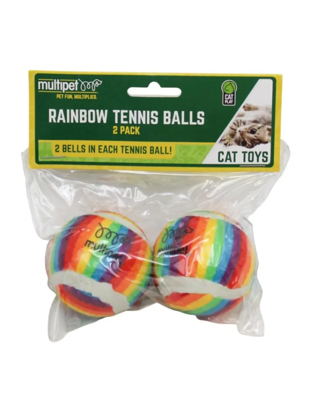 Multipet Rainbow Tennis Ball Cat Toys with Bells, 2-Pack